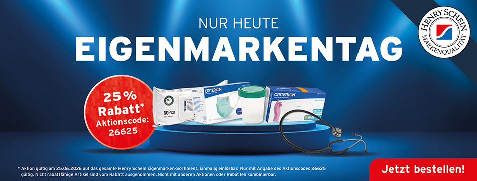 Heute ist Eigenmarkentag - Donnerstag, 25. Juni 2026, 25 % Rabatt auf das gesamte Henry Schein Eigenmarkensortiment. Aktionscode: 26625